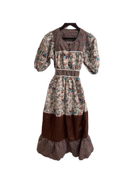 Vintage Prairie Floral Maxi Dress - Puff Sleeve Cottagecore Boho Size M Brown